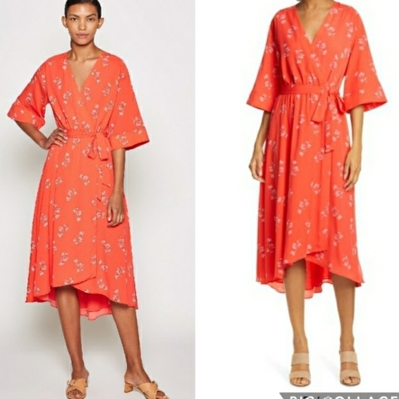 JOIE Daymon B Floral-Print Crepe De Chine MIDI Wrap Dress in Tomato Red Size S - Picture 8 of 16